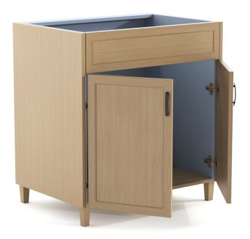 one fake drawer and two doors