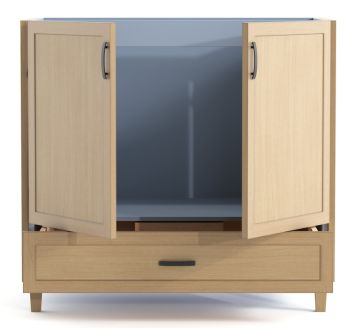 two doors and one bottom drawer