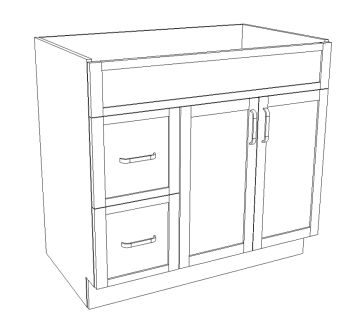 Bathroom single sink vanity. W: 36", H: 34", D: 21"