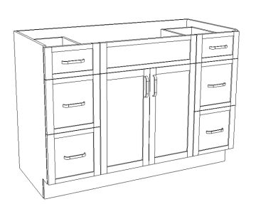 Bathroom single sink vanity. W: 48", H: 34", D: 21"