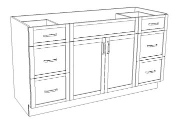 Bathroom single sink vanity. W: 60", H: 34", D: 21"